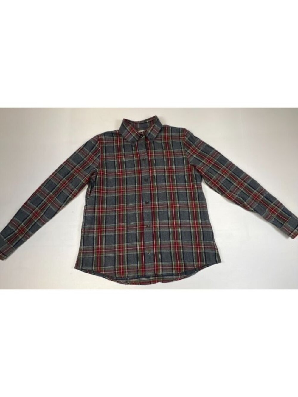 L.L. Bean Women XS Relaxed Fit Flannel Shirt Plaid Gray Red Long Sleeve Cotton